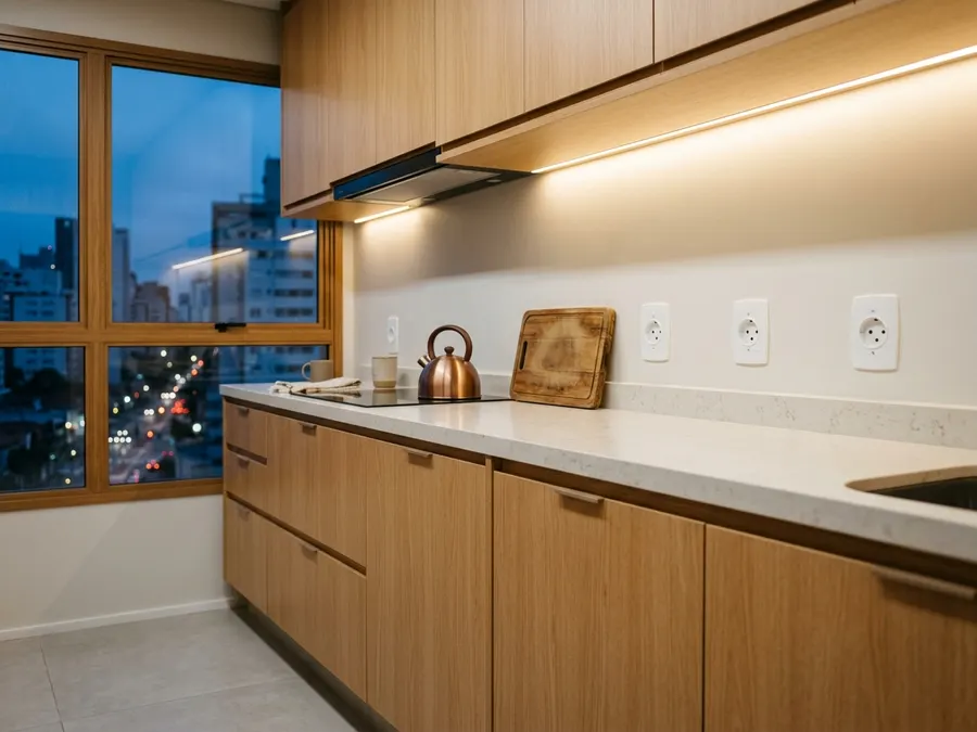 Cozinha pronta com tomadas de três furos acima da bancada e fita de LED sob os armários