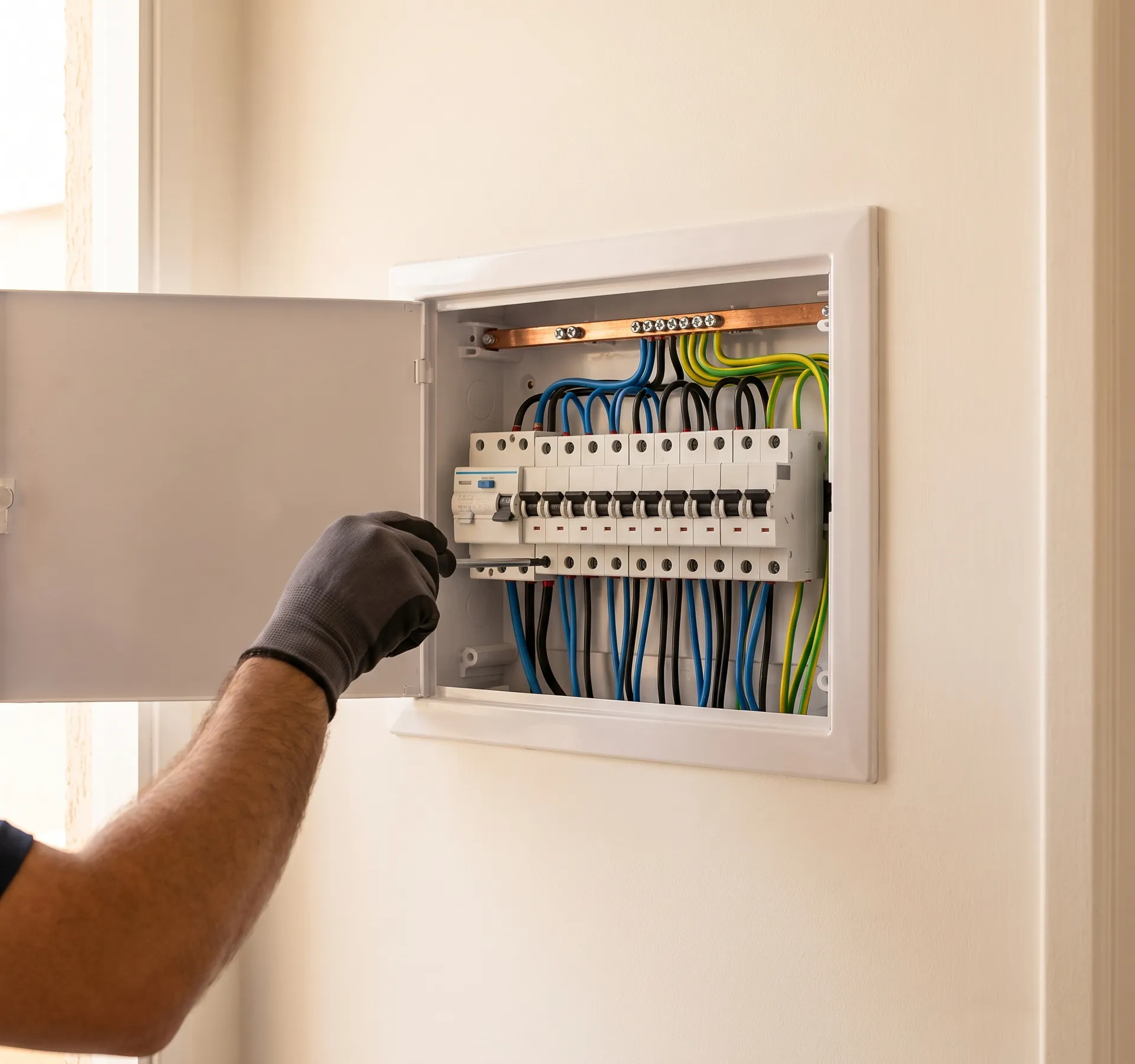 Mão enluvada com chave de fenda no quadro de disjuntores aberto de uma casa