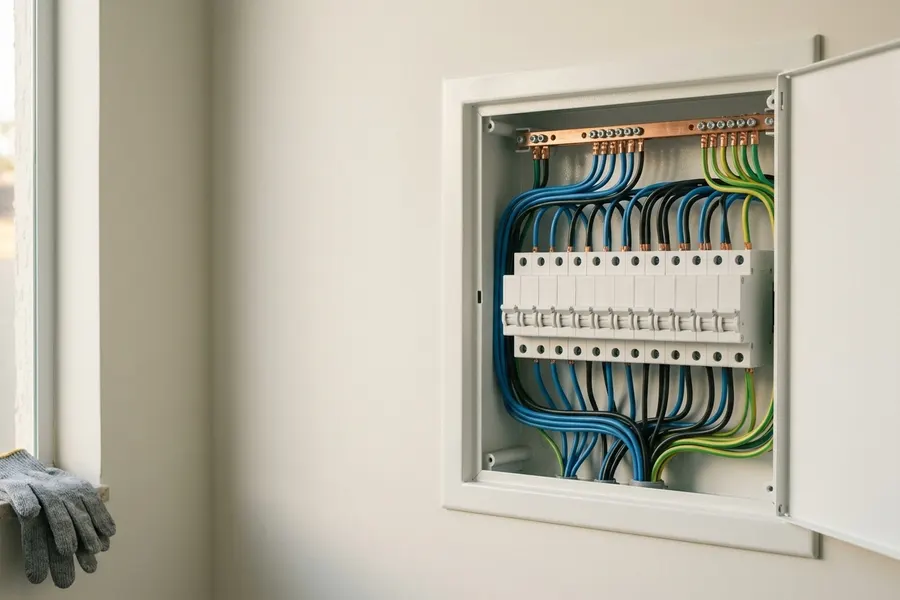 Quadro de disjuntores embutido na parede, com os cabos azuis, pretos e verde-amarelos organizados